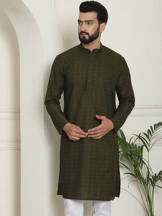 Men's Green Geometric Embroidered Kurta with Mandarin Collar – Pure Cotton, Thread Work, Knee-Length | Indiaista