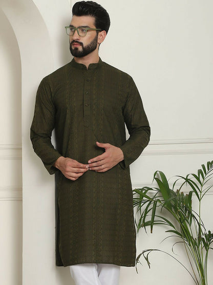 Men's Green Geometric Embroidered Kurta with Mandarin Collar – Pure Cotton, Thread Work, Knee-Length | Indiaista