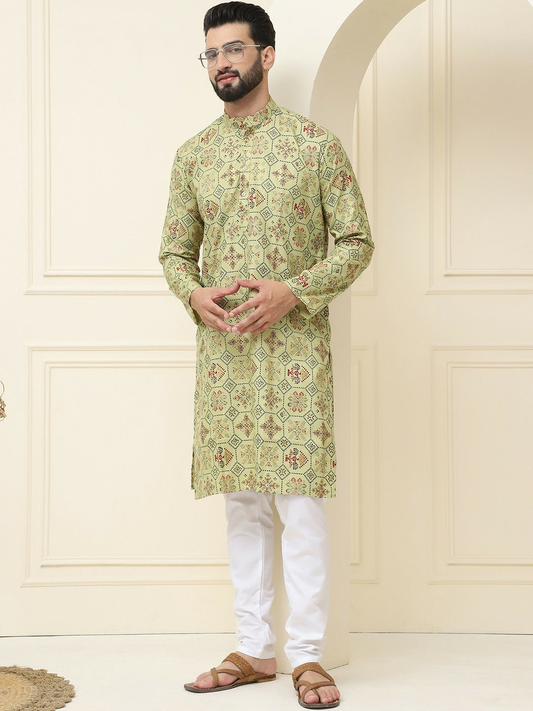 Men’s Green & Black Geometric Printed Cotton Kurta – Mandarin Collar, Knee Length, Regular Fit | Indiaista