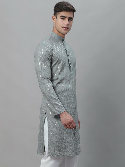 Men's Grey Ethnic Motif Embroidered Kurta with Sequined Work – Mandarin Collar, Pure Cotton | Indiaista