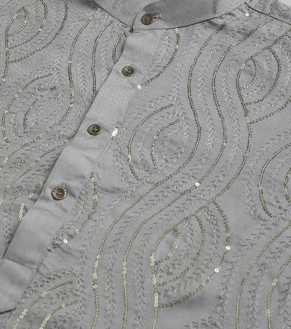 Men's Grey Ethnic Motif Embroidered Kurta with Sequined Work – Mandarin Collar, Pure Cotton | Indiaista