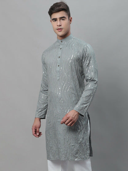 Men's Grey Ethnic Motif Embroidered Kurta with Sequined Work – Mandarin Collar, Pure Cotton | Indiaista