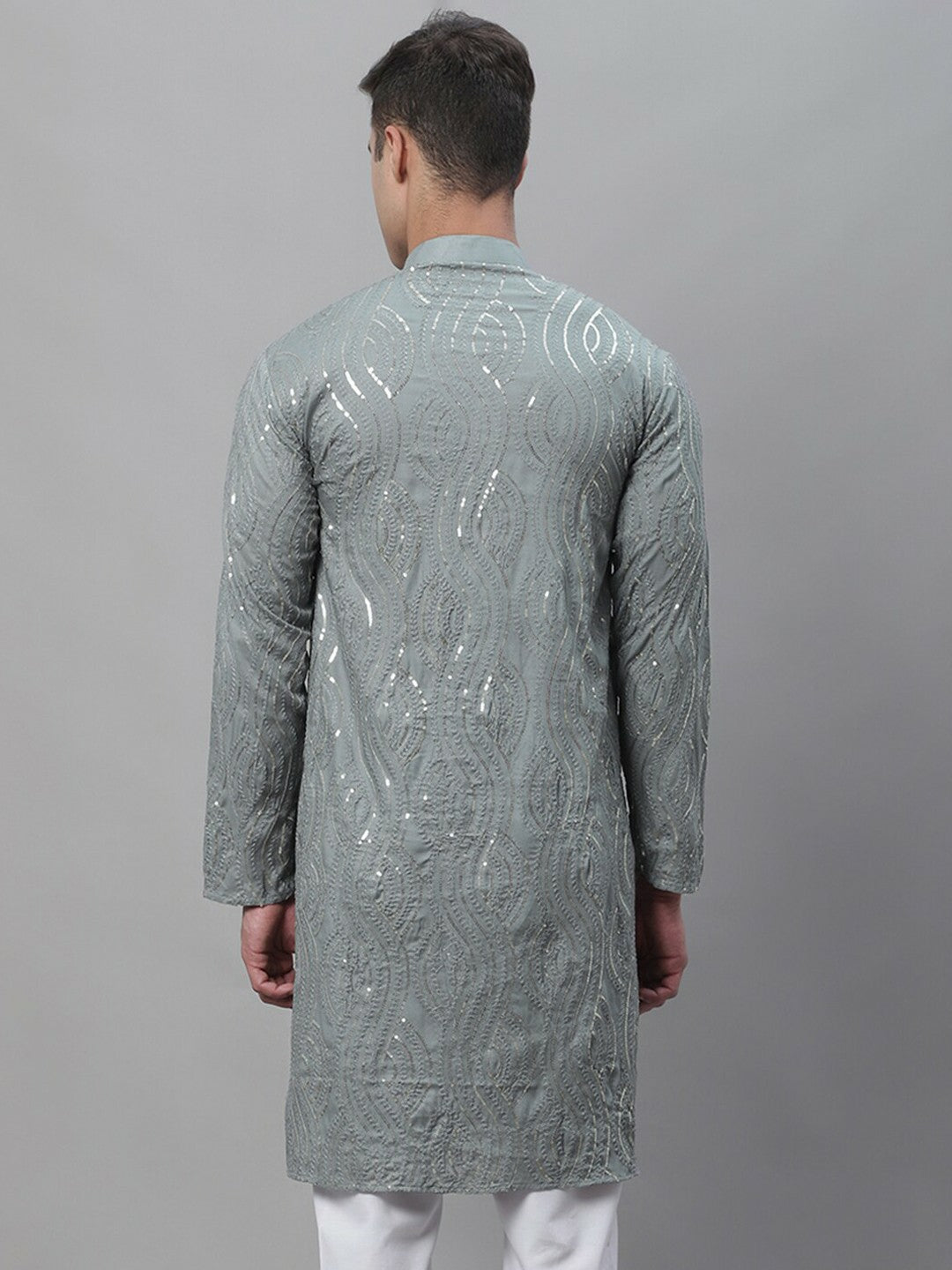 Men's Grey Ethnic Motif Embroidered Kurta with Sequined Work – Mandarin Collar, Pure Cotton | Indiaista