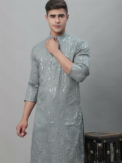 Men's Grey Ethnic Motif Embroidered Kurta with Sequined Work – Mandarin Collar, Pure Cotton | Indiaista