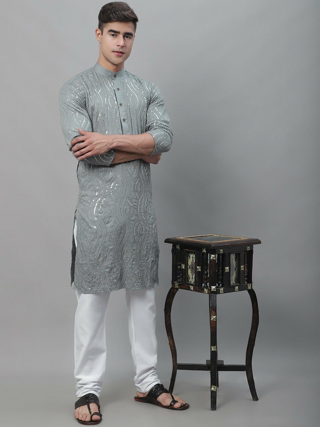 Men's Grey Ethnic Motif Embroidered Kurta with Sequined Work – Mandarin Collar, Pure Cotton | Indiaista