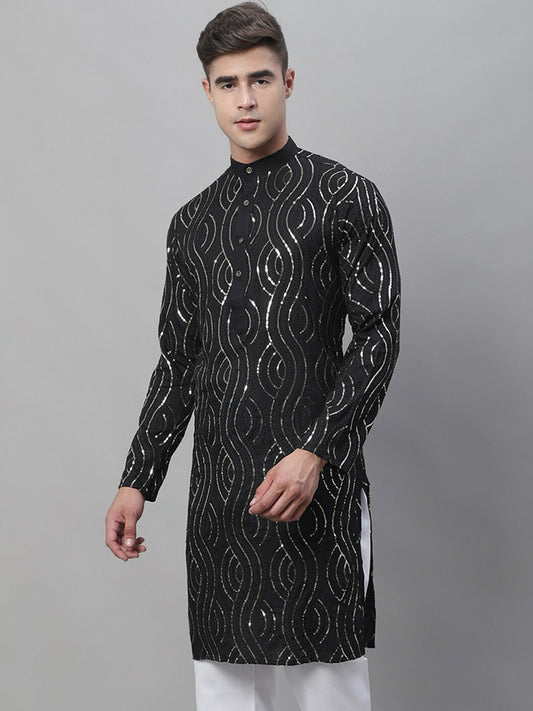 Black Sequined Men’s Kurta with Mandarin Collar – Pure Cotton, Straight Fit, Above Knee | Indiaista