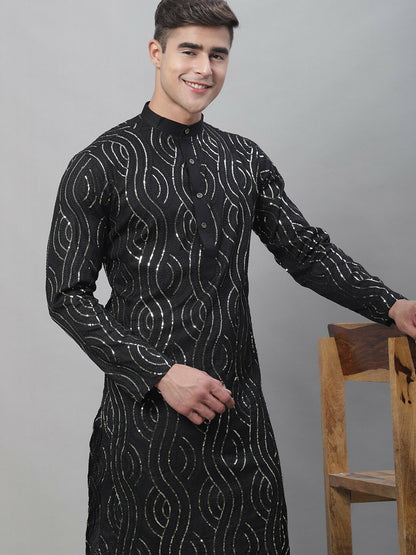 Black Sequined Men’s Kurta with Mandarin Collar – Pure Cotton, Straight Fit, Above Knee | Indiaista