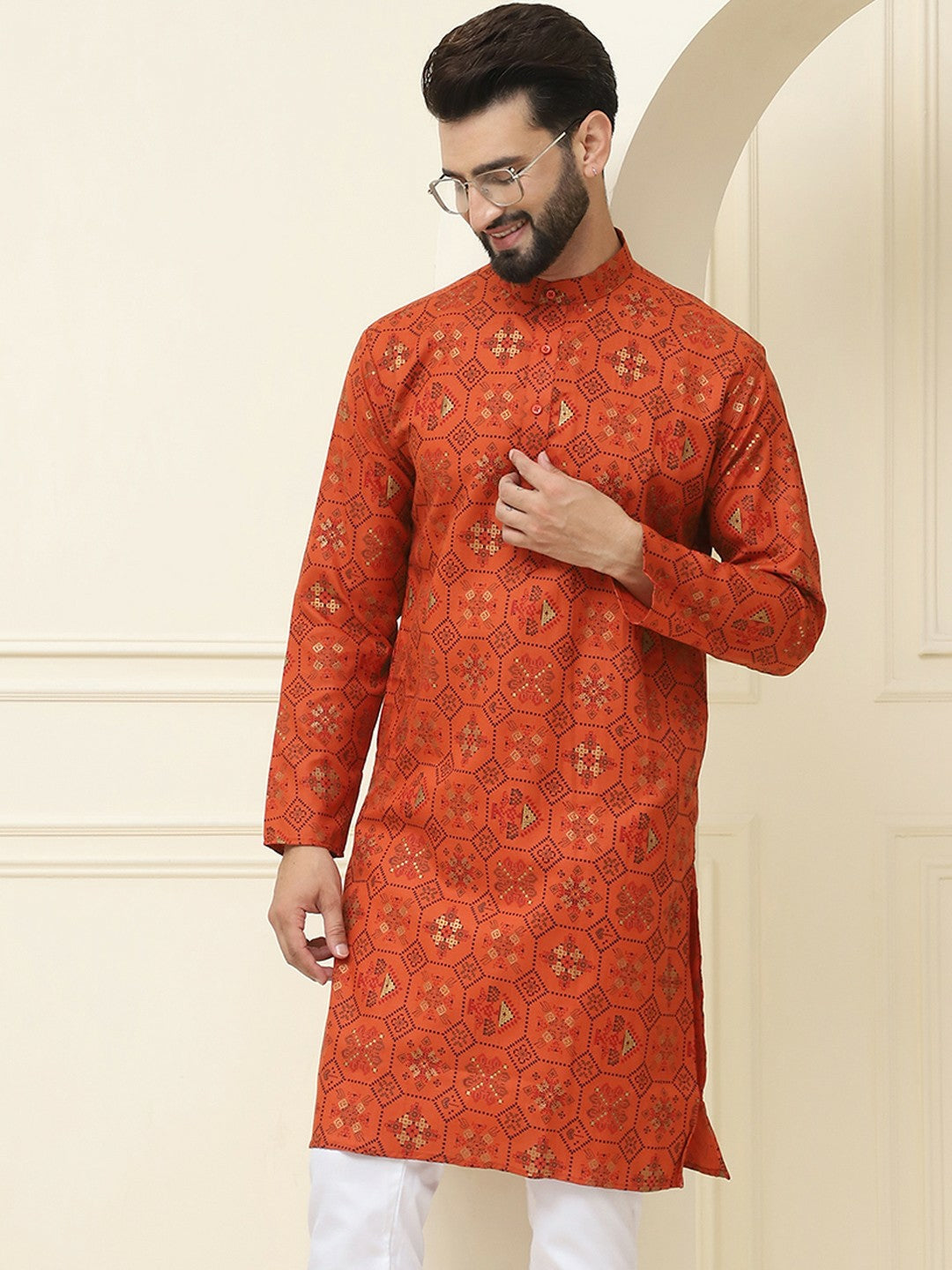 Men’s Orange & Black Geometric Printed Kurta – Mandarin Collar, Regular Style, Knee-Length Cotton Kurta | Indiaista