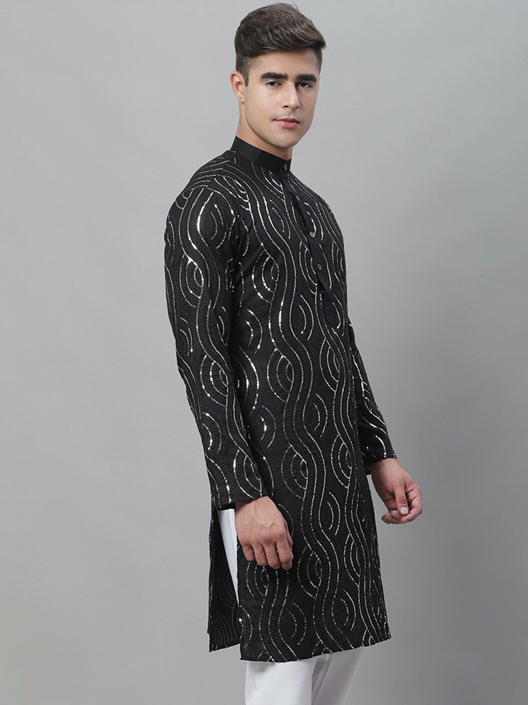 Black Sequined Men’s Kurta with Mandarin Collar – Pure Cotton, Straight Fit, Above Knee | Indiaista