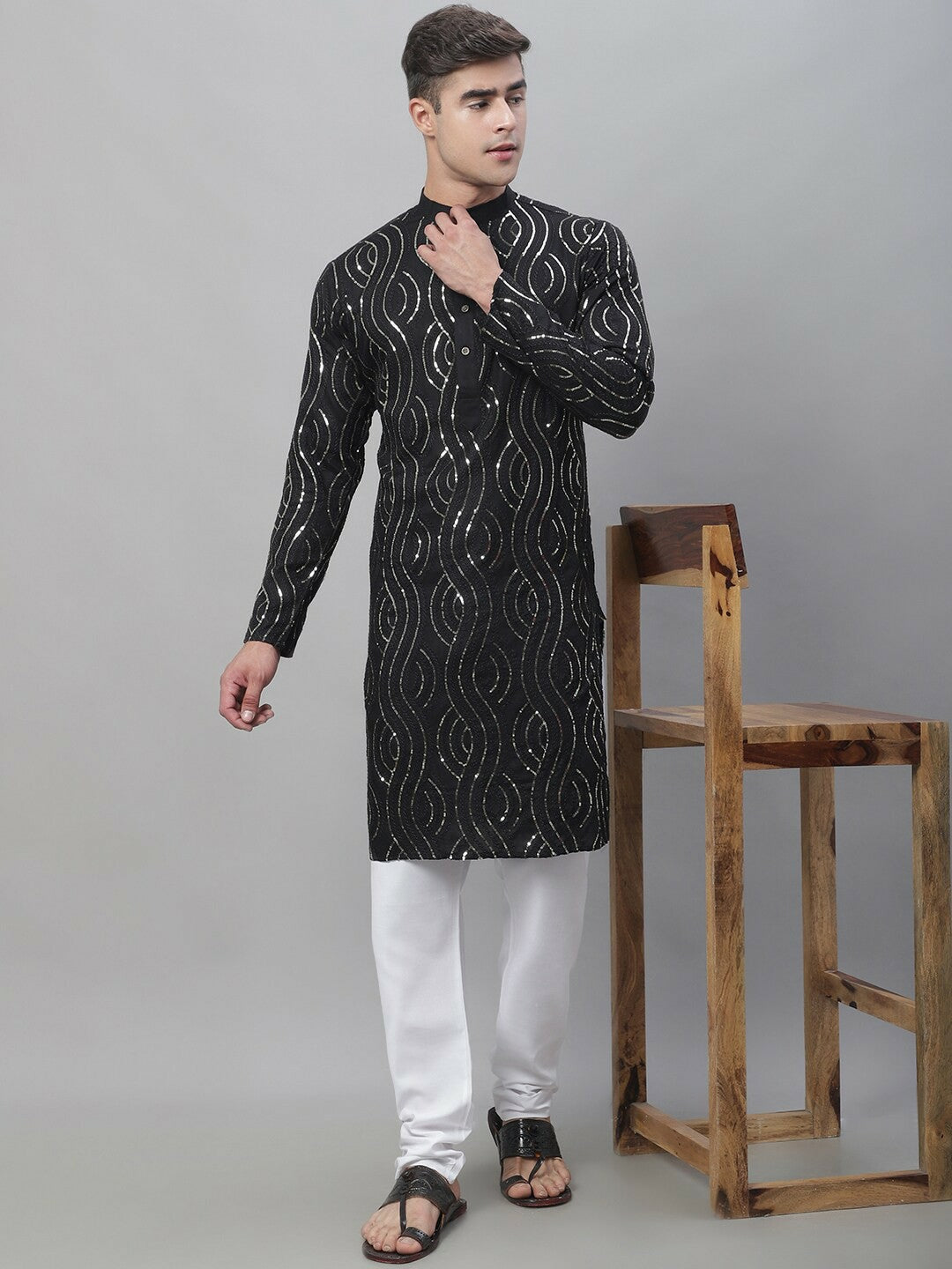 Black Sequined Men’s Kurta with Mandarin Collar – Pure Cotton, Straight Fit, Above Knee | Indiaista