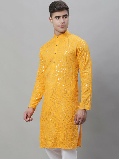 Mustard Yellow Men’s Kurta – Ethnic Motifs Embroidered with Sequins & Mandarin Collar | Indiaista