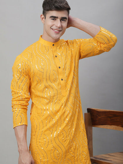 Mustard Yellow Men’s Kurta – Ethnic Motifs Embroidered with Sequins & Mandarin Collar | Indiaista