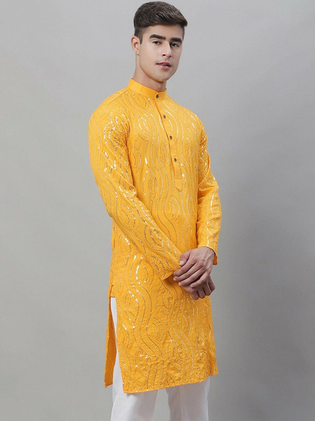 Mustard Yellow Men’s Kurta – Ethnic Motifs Embroidered with Sequins & Mandarin Collar | Indiaista