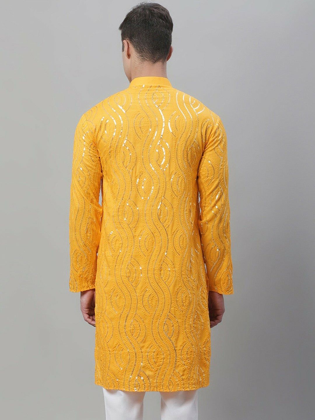 Mustard Yellow Men’s Kurta – Ethnic Motifs Embroidered with Sequins & Mandarin Collar | Indiaista