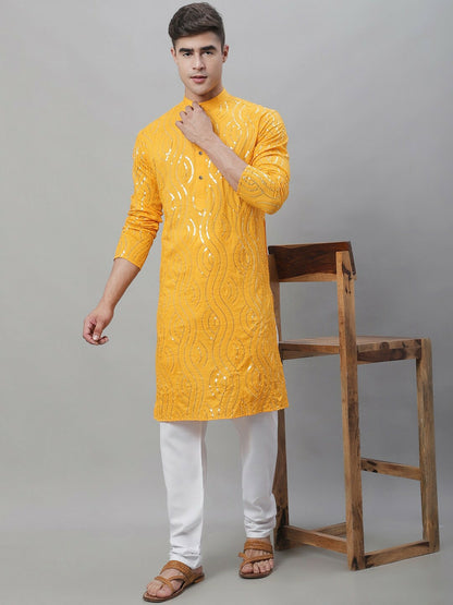 Mustard Yellow Men’s Kurta – Ethnic Motifs Embroidered with Sequins & Mandarin Collar | Indiaista