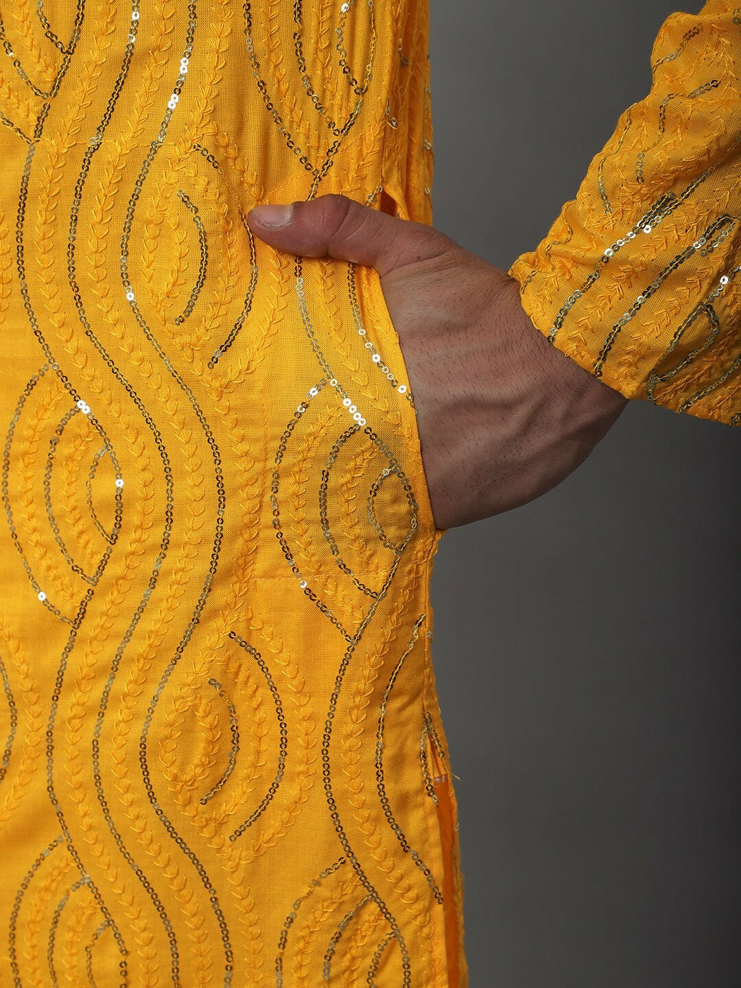 Mustard Yellow Men’s Kurta – Ethnic Motifs Embroidered with Sequins & Mandarin Collar | Indiaista