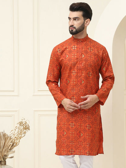 Men’s Orange & Black Geometric Printed Kurta – Mandarin Collar, Regular Style, Knee-Length Cotton Kurta | Indiaista