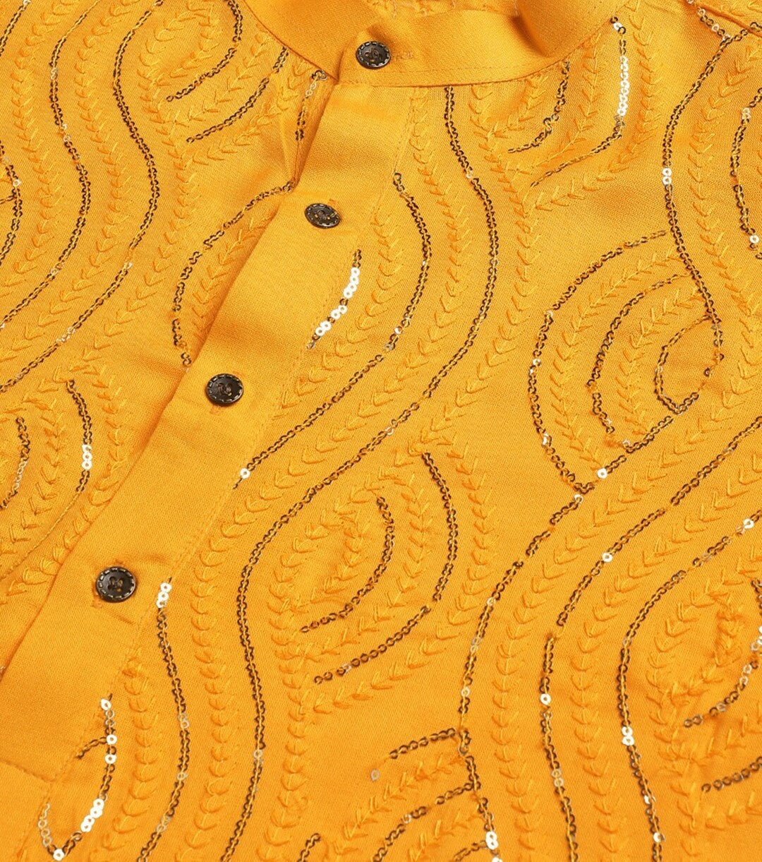 Mustard Yellow Men’s Kurta – Ethnic Motifs Embroidered with Sequins & Mandarin Collar | Indiaista