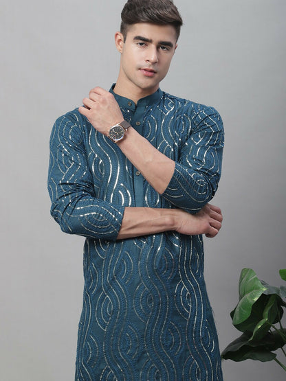 Blue Men’s Ethnic Embroidered Kurta – Motifs, Sequinned Detail, Pure Cotton, Mandarin Collar | Indiaista