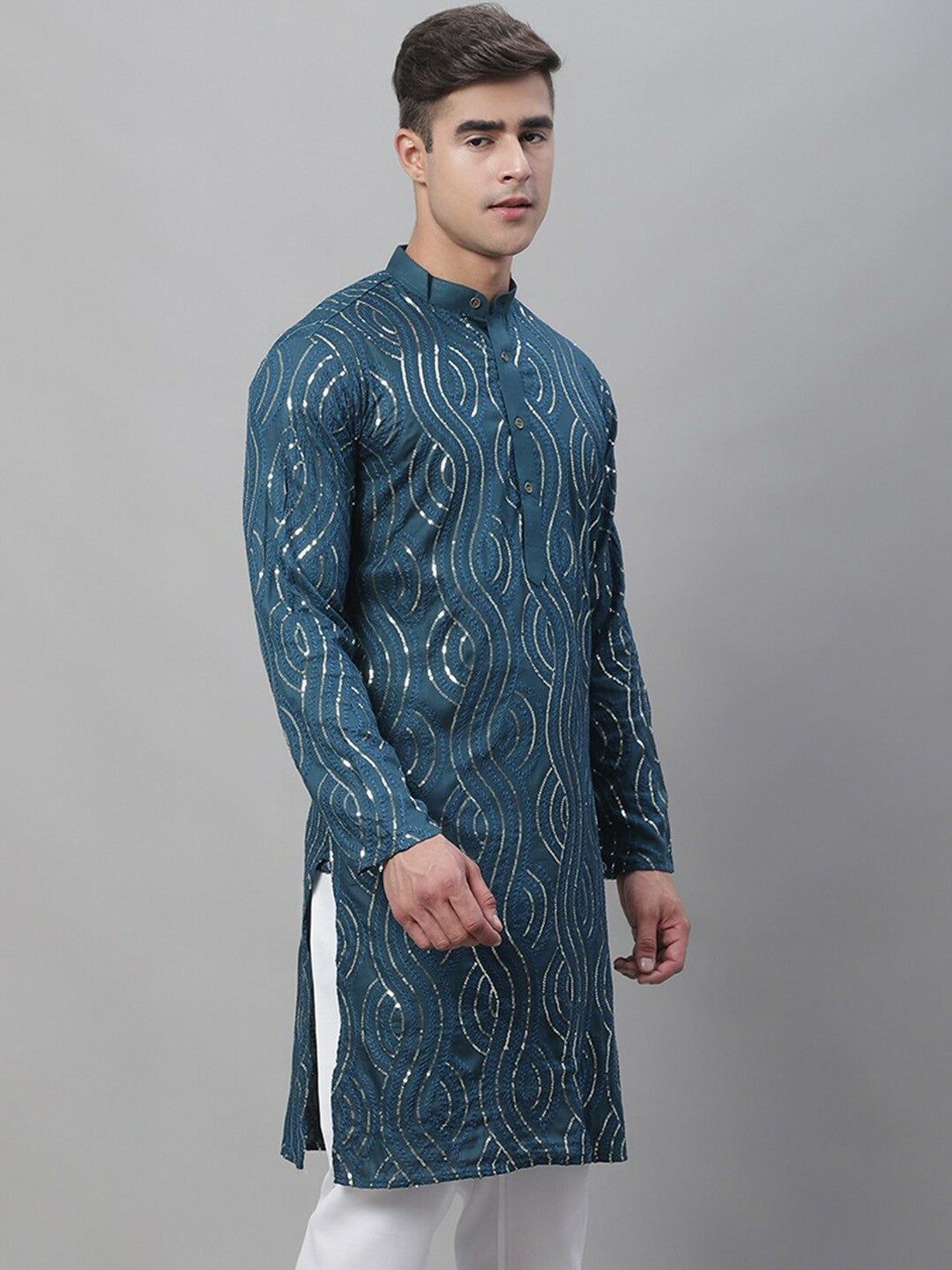 Blue Men’s Ethnic Embroidered Kurta – Motifs, Sequinned Detail, Pure Cotton, Mandarin Collar | Indiaista