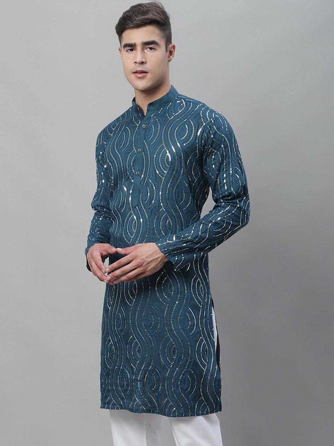 Blue Men’s Ethnic Embroidered Kurta – Motifs, Sequinned Detail, Pure Cotton, Mandarin Collar | Indiaista