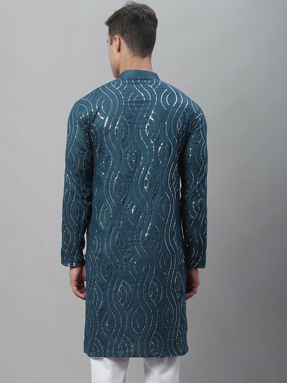 Blue Men’s Ethnic Embroidered Kurta – Motifs, Sequinned Detail, Pure Cotton, Mandarin Collar | Indiaista