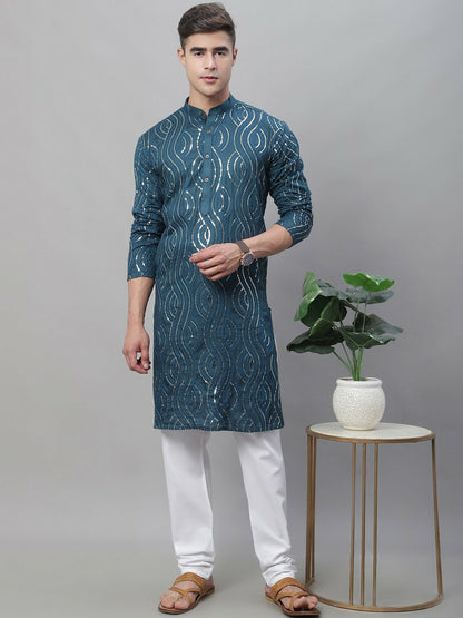 Blue Men’s Ethnic Embroidered Kurta – Motifs, Sequinned Detail, Pure Cotton, Mandarin Collar | Indiaista