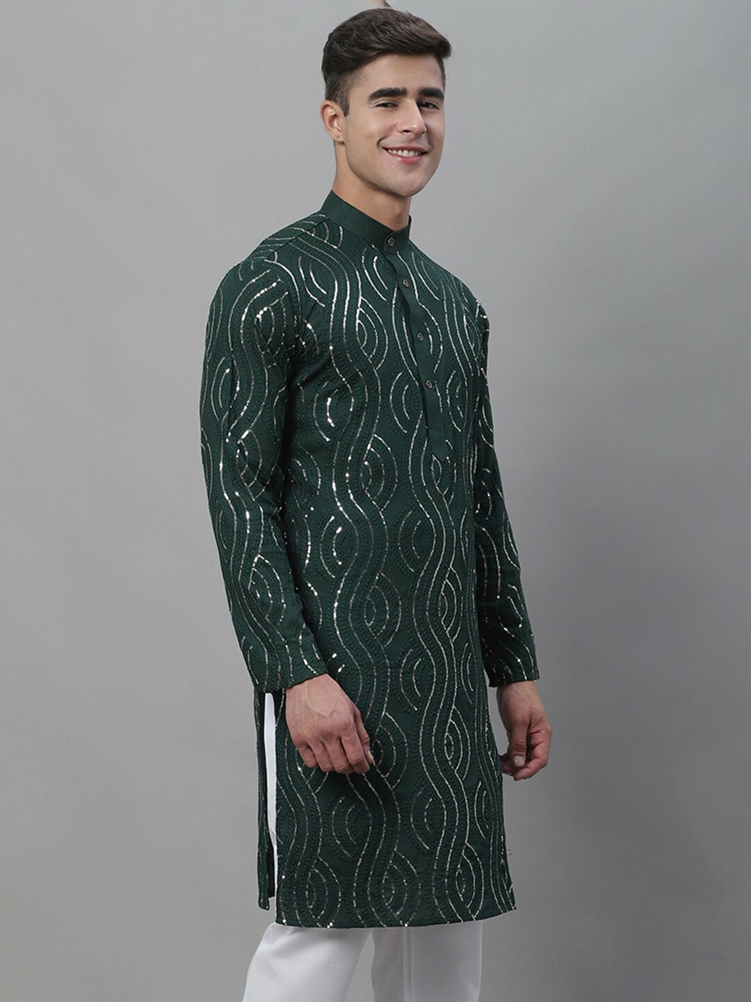 Men’s Dark Green Band Collar Kurta with Sequins – Solid Pure Cotton, Above Knee Length | Indiaista