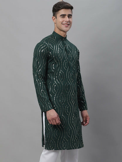 Men’s Dark Green Band Collar Kurta with Sequins – Solid Pure Cotton, Above Knee Length | Indiaista