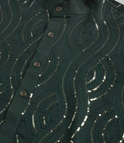 Men’s Dark Green Band Collar Kurta with Sequins – Solid Pure Cotton, Above Knee Length | Indiaista