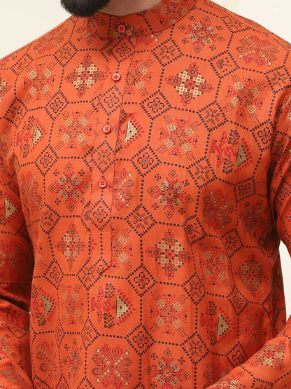 Men’s Orange & Black Geometric Printed Kurta – Mandarin Collar, Regular Style, Knee-Length Cotton Kurta | Indiaista