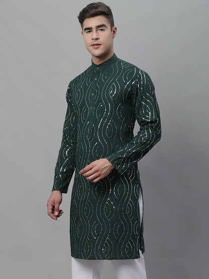 Men’s Dark Green Band Collar Kurta with Sequins – Solid Pure Cotton, Above Knee Length | Indiaista