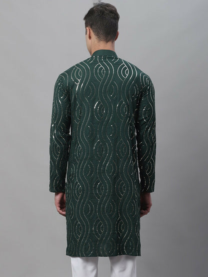 Men’s Dark Green Band Collar Kurta with Sequins – Solid Pure Cotton, Above Knee Length | Indiaista