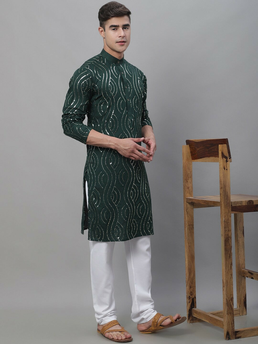 Men’s Dark Green Band Collar Kurta with Sequins – Solid Pure Cotton, Above Knee Length | Indiaista