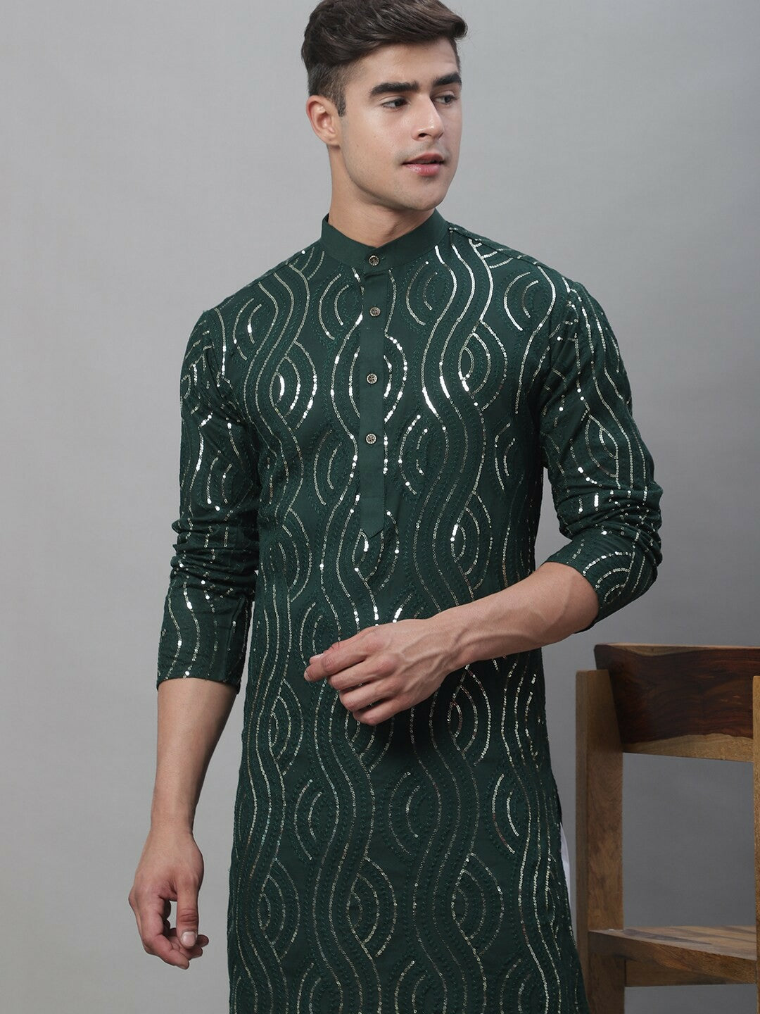 Men’s Dark Green Band Collar Kurta with Sequins – Solid Pure Cotton, Above Knee Length | Indiaista