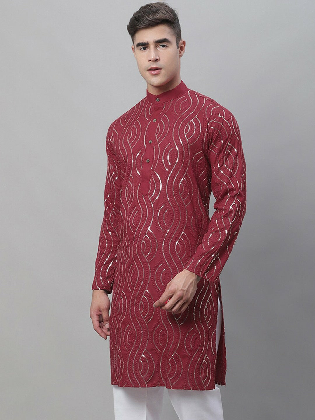 Maroon Men’s Ethnic Motifs Embroidered Kurta – Sequinned Detail, Mandarin Collar, Cotton | Indiaista