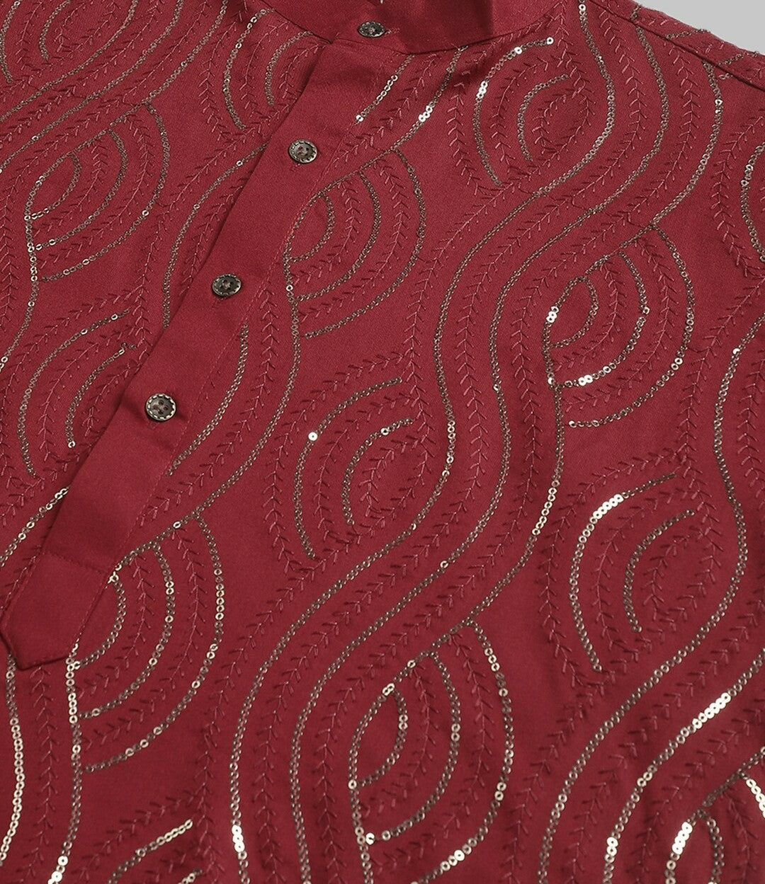 Maroon Men’s Ethnic Motifs Embroidered Kurta – Sequinned Detail, Mandarin Collar, Cotton | Indiaista