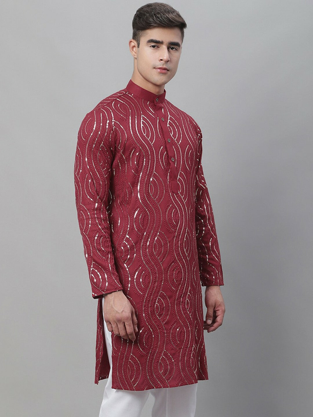 Maroon Men’s Ethnic Motifs Embroidered Kurta – Sequinned Detail, Mandarin Collar, Cotton | Indiaista