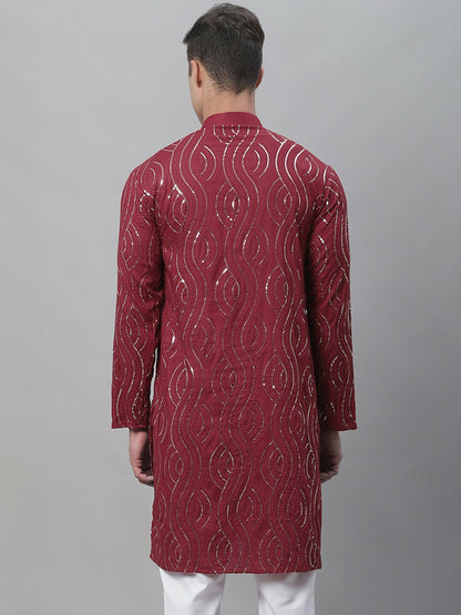 Maroon Men’s Ethnic Motifs Embroidered Kurta – Sequinned Detail, Mandarin Collar, Cotton | Indiaista