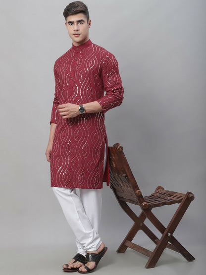 Maroon Men’s Ethnic Motifs Embroidered Kurta – Sequinned Detail, Mandarin Collar, Cotton | Indiaista