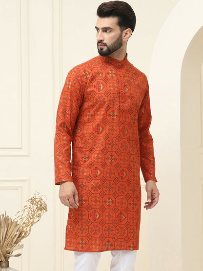 Men’s Orange & Black Geometric Printed Kurta – Mandarin Collar, Regular Style, Knee-Length Cotton Kurta | Indiaista