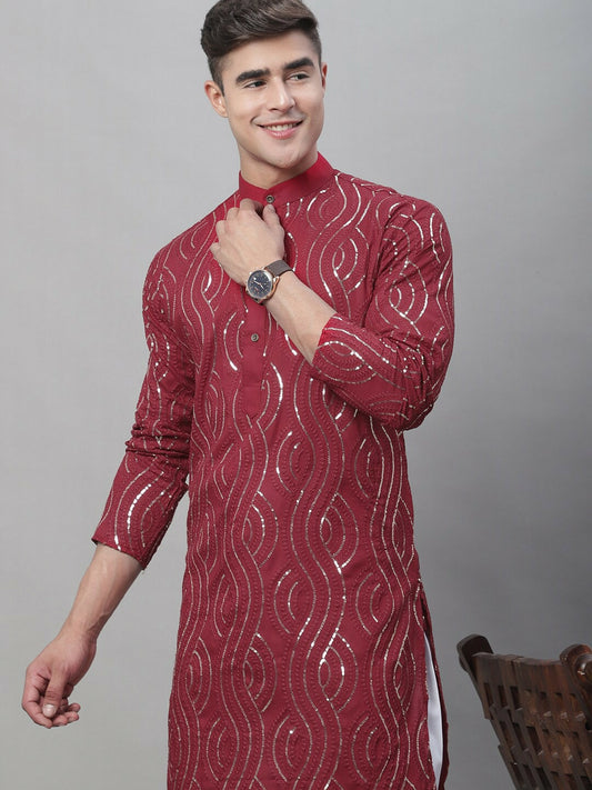 Maroon Men’s Ethnic Motifs Embroidered Kurta – Sequinned Detail, Mandarin Collar, Cotton | Indiaista