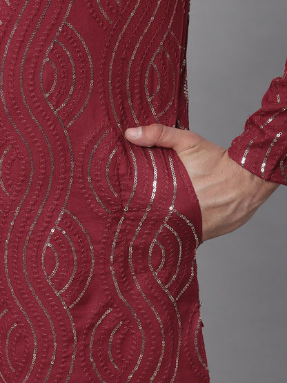 Maroon Men’s Ethnic Motifs Embroidered Kurta – Sequinned Detail, Mandarin Collar, Cotton | Indiaista