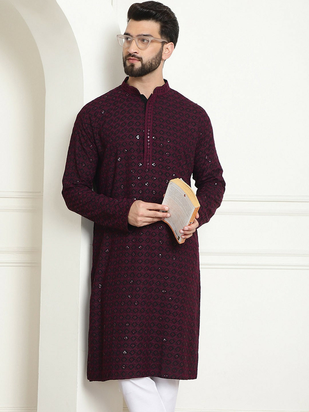 Men's Purple Embellished Mandarin Collar Kurta – Knee-Length, Straight Fit, Pure Cotton | Indiaista