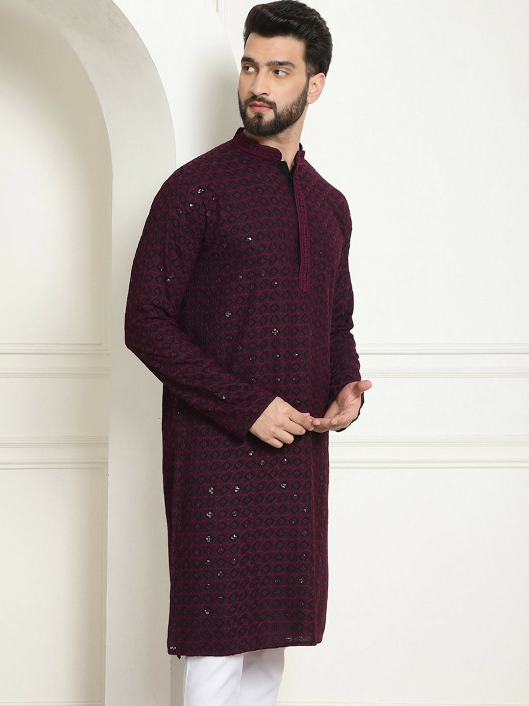 Men's Purple Embellished Mandarin Collar Kurta – Knee-Length, Straight Fit, Pure Cotton | Indiaista