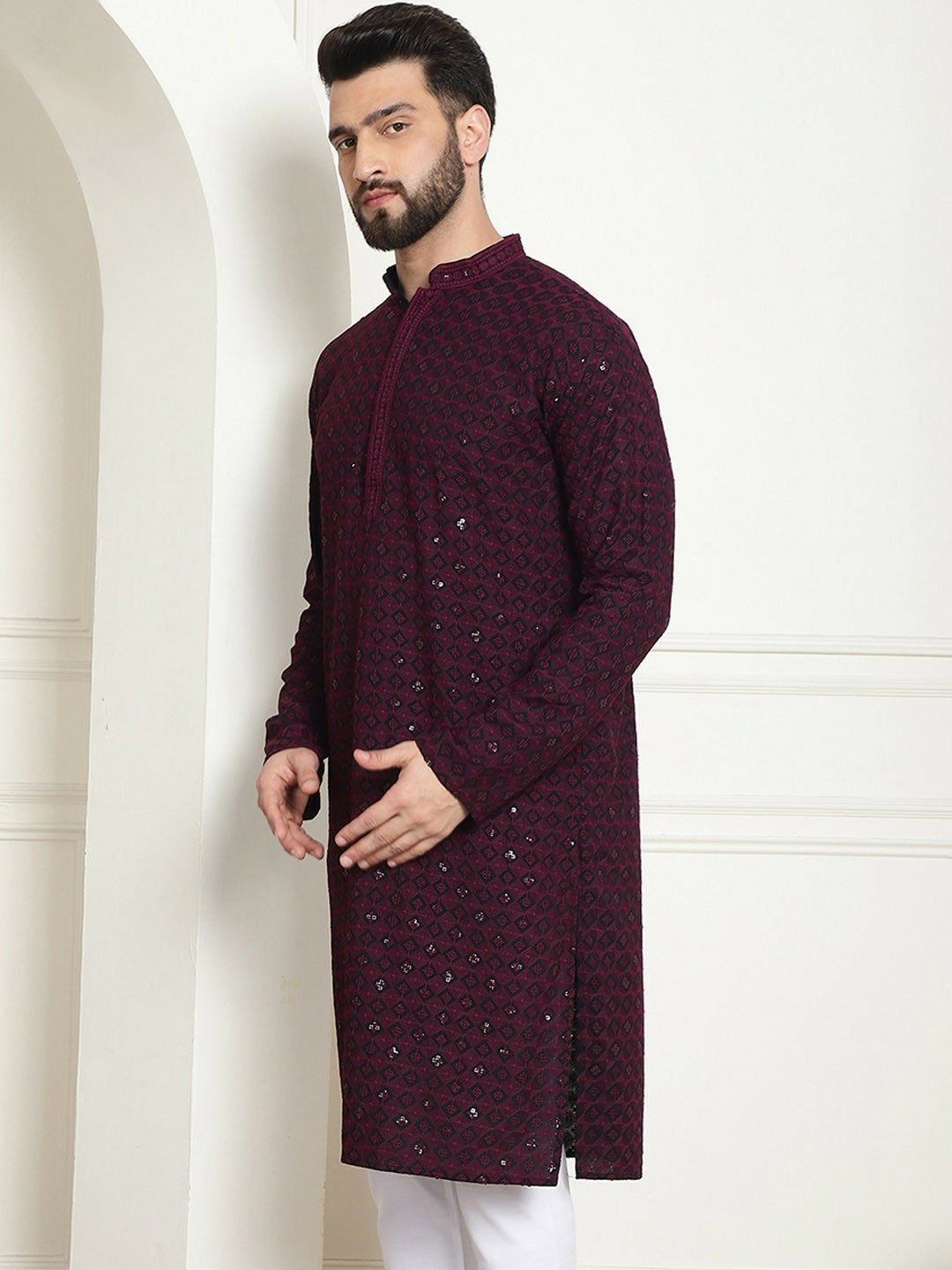 Men's Purple Embellished Mandarin Collar Kurta – Knee-Length, Straight Fit, Pure Cotton | Indiaista