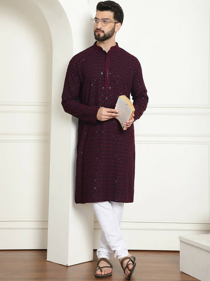 Men's Purple Embellished Mandarin Collar Kurta – Knee-Length, Straight Fit, Pure Cotton | Indiaista