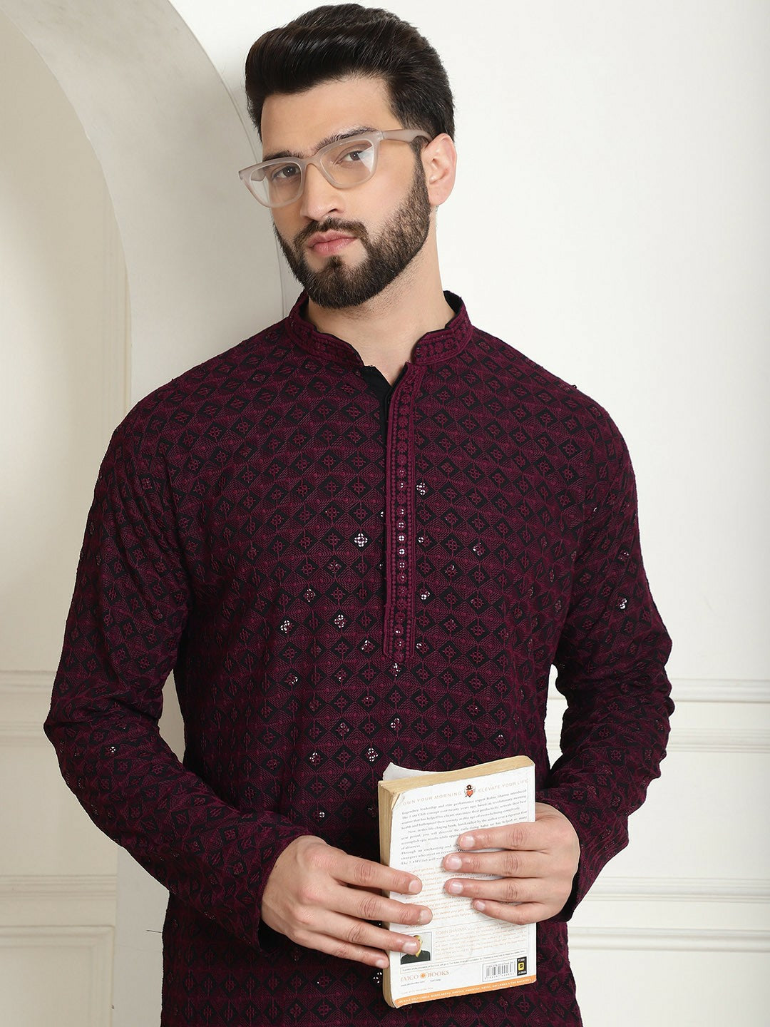 Men's Purple Embellished Mandarin Collar Kurta – Knee-Length, Straight Fit, Pure Cotton | Indiaista