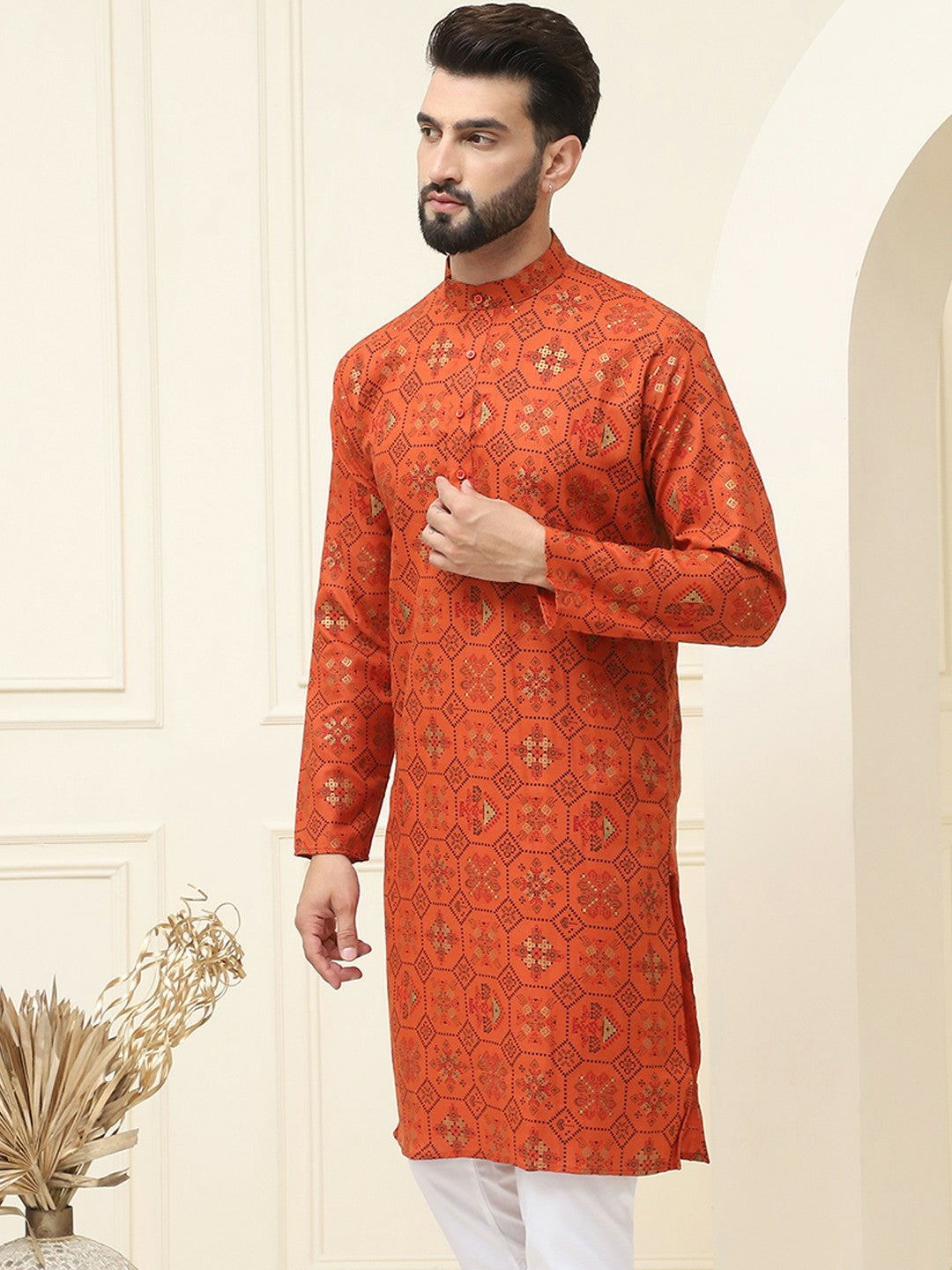 Men’s Orange & Black Geometric Printed Kurta – Mandarin Collar, Regular Style, Knee-Length Cotton Kurta | Indiaista