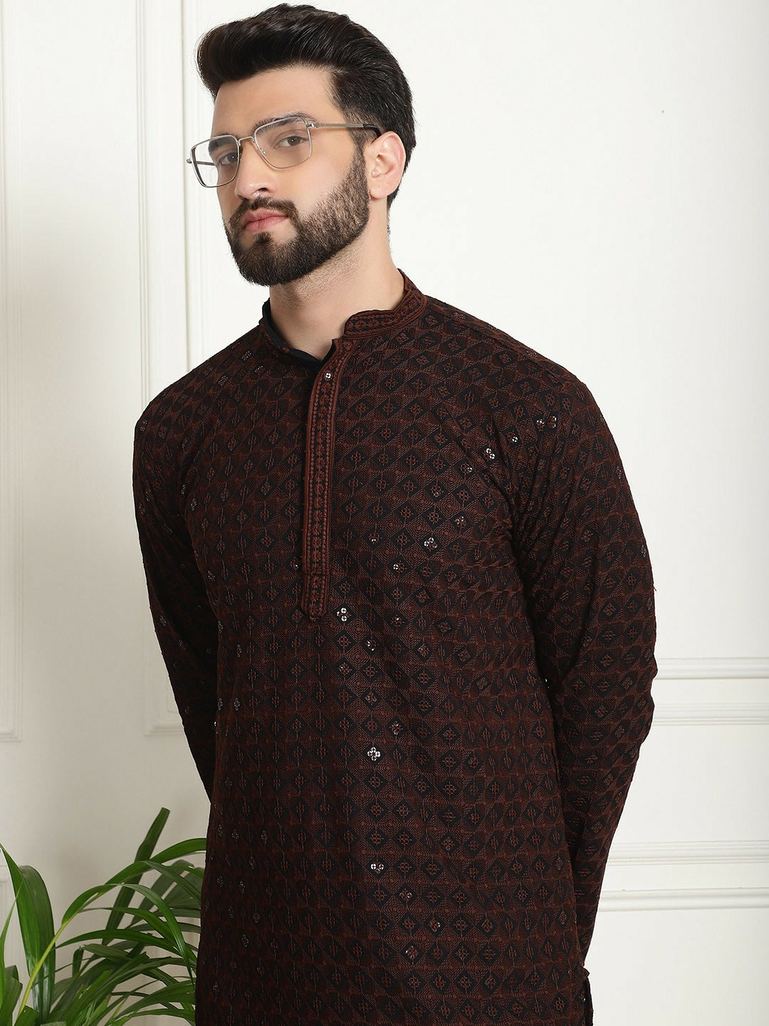 Men’s Coffee Brown Geometric Embroidered Kurta with Sequins – Pure Cotton, Mandarin Collar, Knee Length | Indiaista